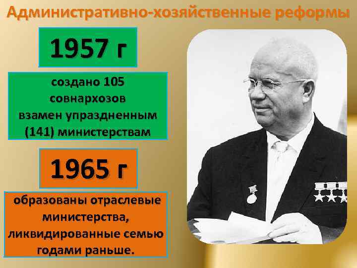 Административно-хозяйственные реформы 1957 г создано 105 совнархозов взамен упраздненным (141) министерствам 1965 г образованы