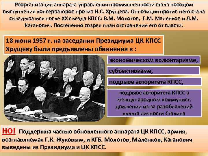 Реорганизация аппарата управления промышленности стала поводом выступления консерваторов против Н. С. Хрущева. Оппозиция против