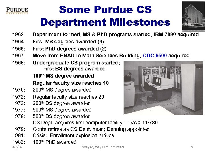 Some Purdue CS Department Milestones 1962: 1964: 1966: 1967: 1968: 1970: 1972: 1973: 1977: