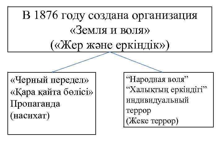 В 1876 году создана организация «Земля и воля» ( «Жер және еркіндік» ) «Черный