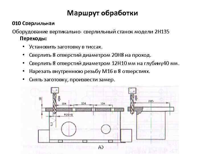 Маршрут обработки 010 Сверлильная Оборудование вертикально сверлильный станок модели 2 Н 135 Переходы: •