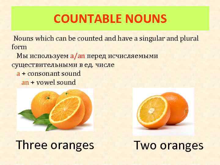 COUNTABLE NOUNS Nouns which can be counted and have a singular and plural form