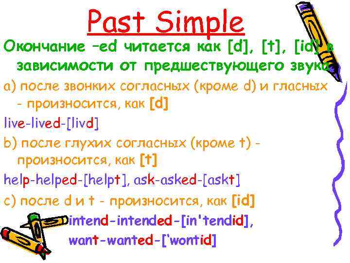 Past Simple Окончание –ed читается как [d], [t], [id] в зависимости от предшествующего звука
