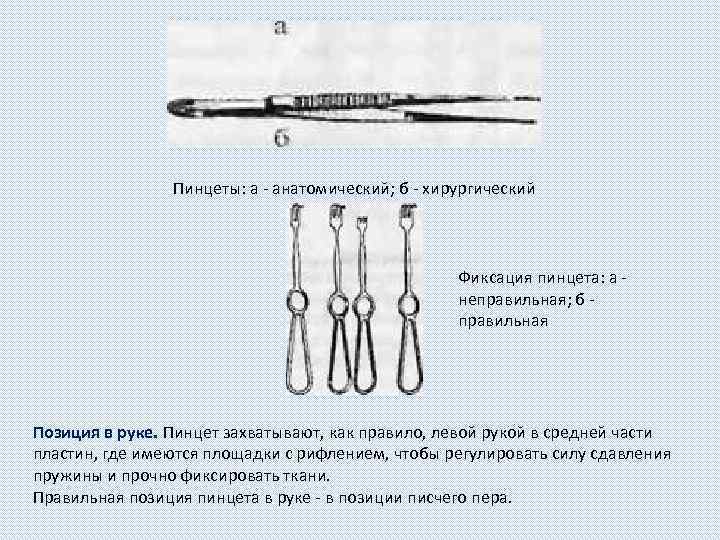 Пинцеты: а - анатомический; б - хирургический Фиксация пинцета: а - неправильная; б -