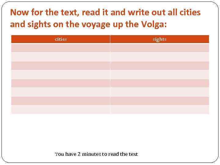 Now for the text, read it and write out all cities and sights on