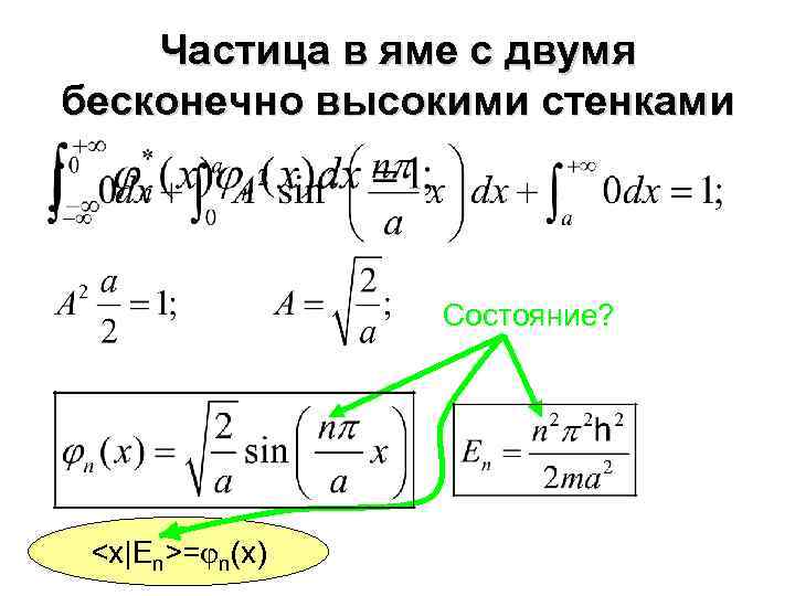 Частица в яме с двумя бесконечно высокими стенками Состояние? <x|En>= n(x) 