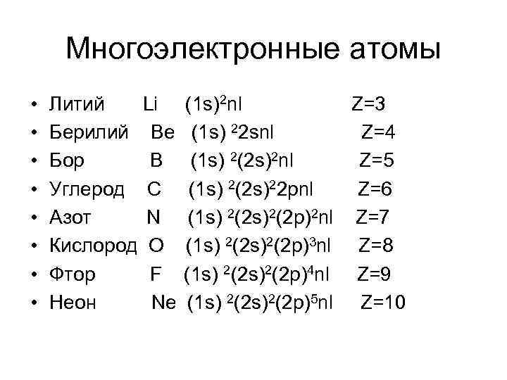 Многоэлектронные атомы • • Литий Li Берилий Be Бор B Углерод С Азот N