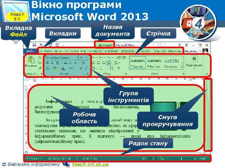 Розділ 3 § 5 Вікно програми Microsoft Word 2013 Вкладка Файл Вкладки Назва документа