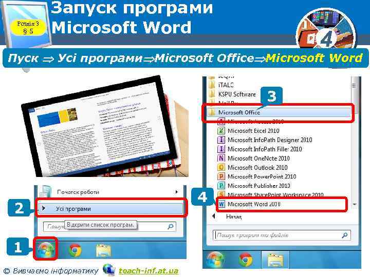 Розділ 3 § 5 Запуск програми Microsoft Word 4 Пуск Усі програми Microsoft Office