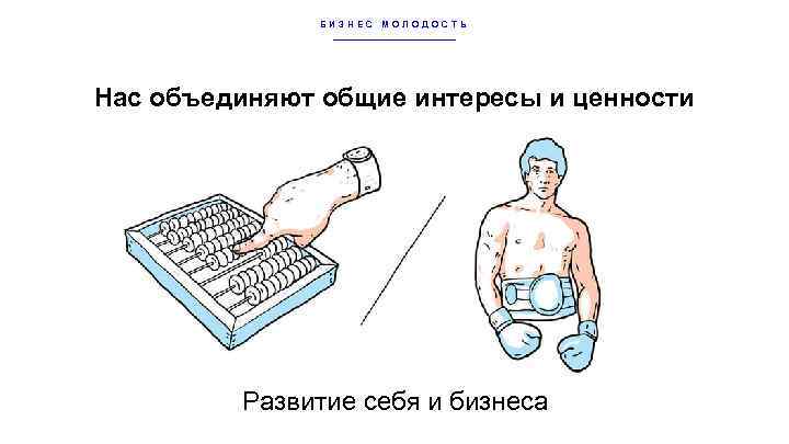 БИЗНЕС МОЛОДОСТЬ Нас объединяют общие интересы и ценности Развитие себя и бизнеса 