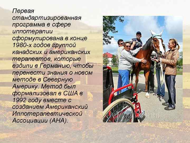 Первая стандартизированная программа в сфере иппотерапии сформулирована в конце 1980 -х годов группой канадских