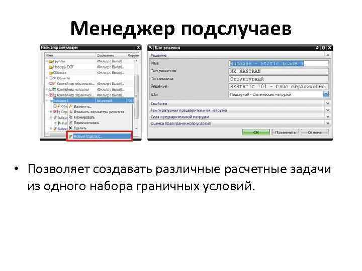 Менеджер подслучаев • Позволяет создавать различные расчетные задачи из одного набора граничных условий. 