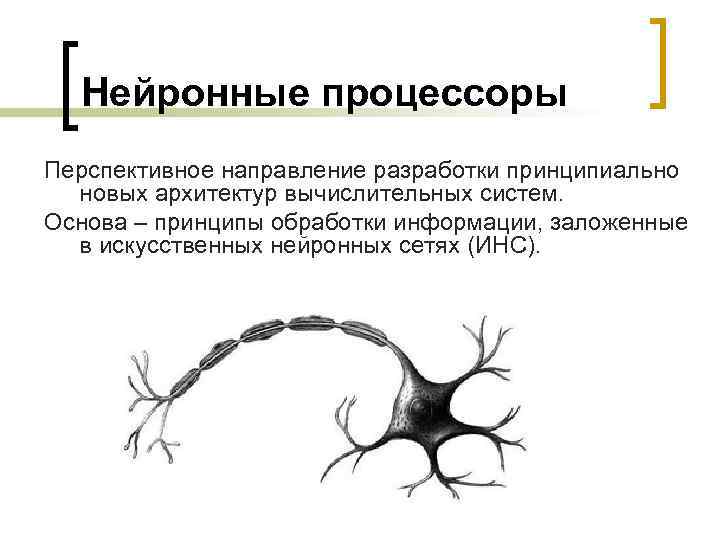 Нейронные процессоры Перспективное направление разработки принципиально новых архитектур вычислительных систем. Основа – принципы обработки