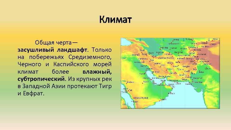 Климат Общая черта— засушливый ландшафт. Только на побережьях Средиземного, Черного и Каспийского морей климат