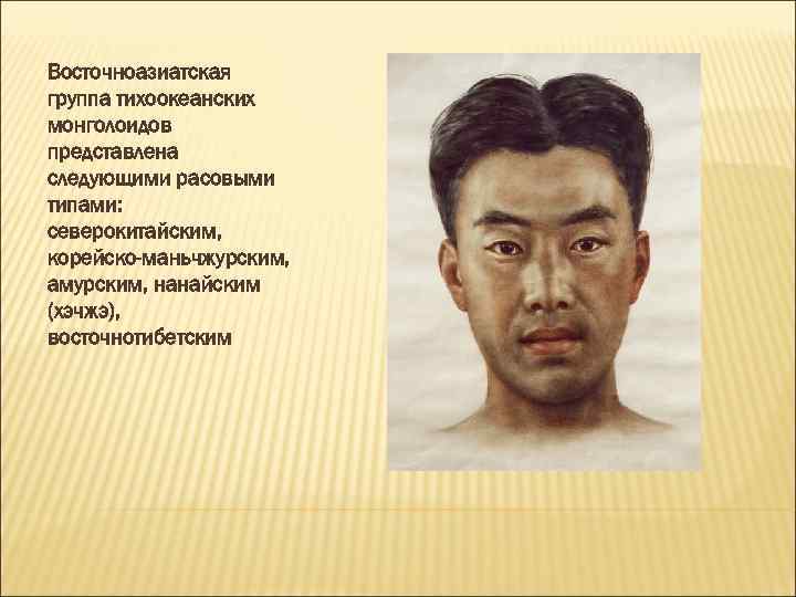 Восточноазиатская группа тихоокеанских монголоидов представлена следующими расовыми типами: северокитайским, корейско-маньчжурским, амурским, нанайским (хэчжэ), восточнотибетским