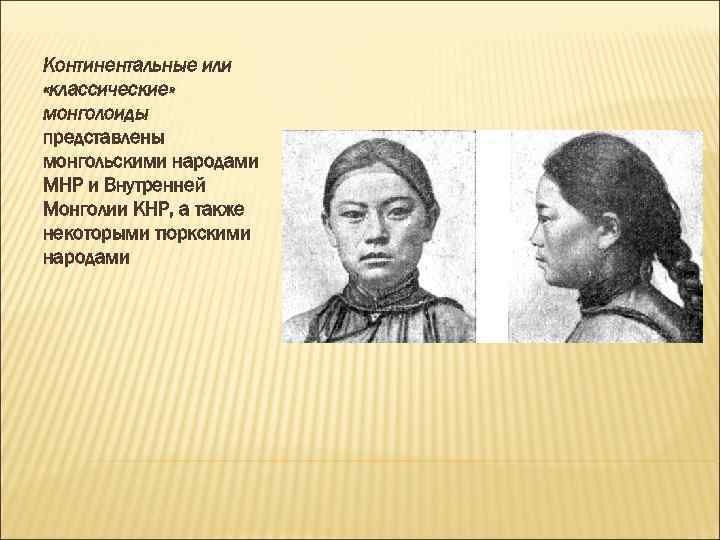 Континентальные или «классические» монголоиды представлены монгольскими народами МНР и Внутренней Монголии КНР, а также