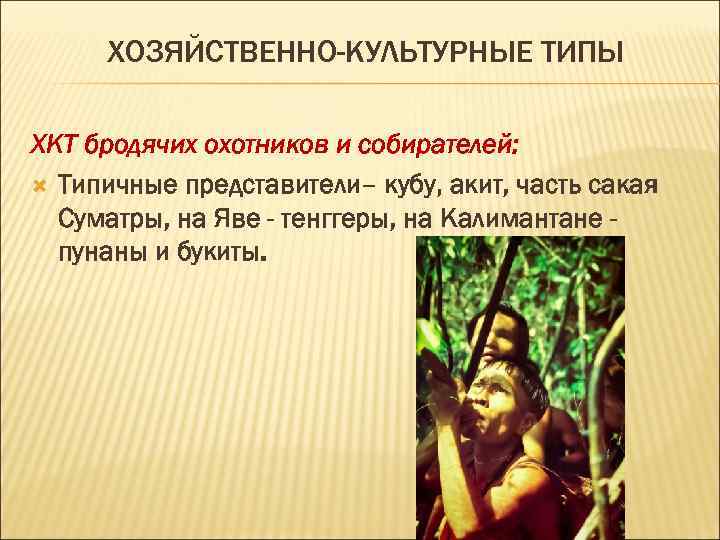 ХОЗЯЙСТВЕННО-КУЛЬТУРНЫЕ ТИПЫ ХКТ бродячих охотников и собирателей: Типичные представители– кубу, акит, часть сакая Суматры,