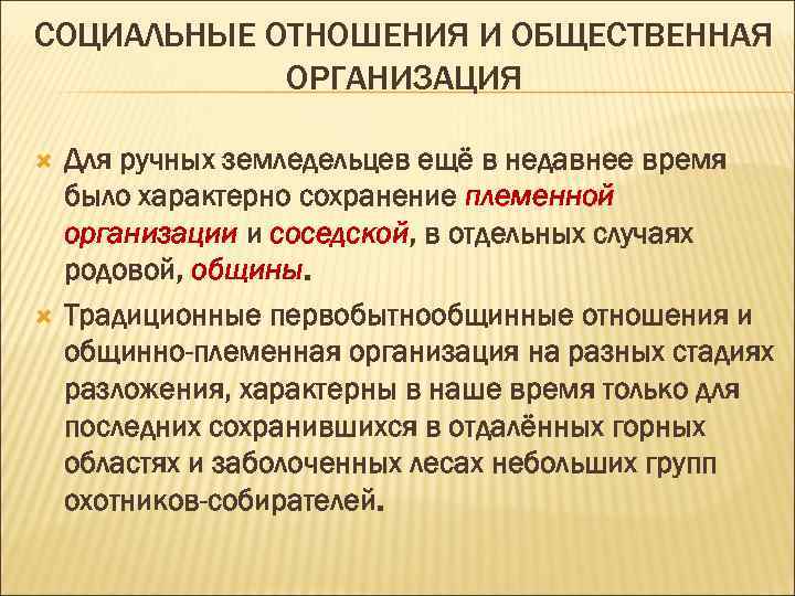 СОЦИАЛЬНЫЕ ОТНОШЕНИЯ И ОБЩЕСТВЕННАЯ ОРГАНИЗАЦИЯ Для ручных земледельцев ещё в недавнее время было характерно