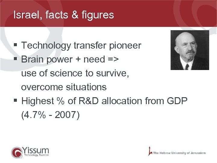 Israel, facts & figures § Technology transfer pioneer § Brain power + need =>