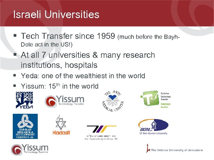Israeli Universities § Tech Transfer since 1959 (much before the Bayh. Dole act in