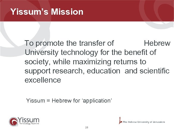 Yissum’s Mission To promote the transfer of Hebrew University technology for the benefit of