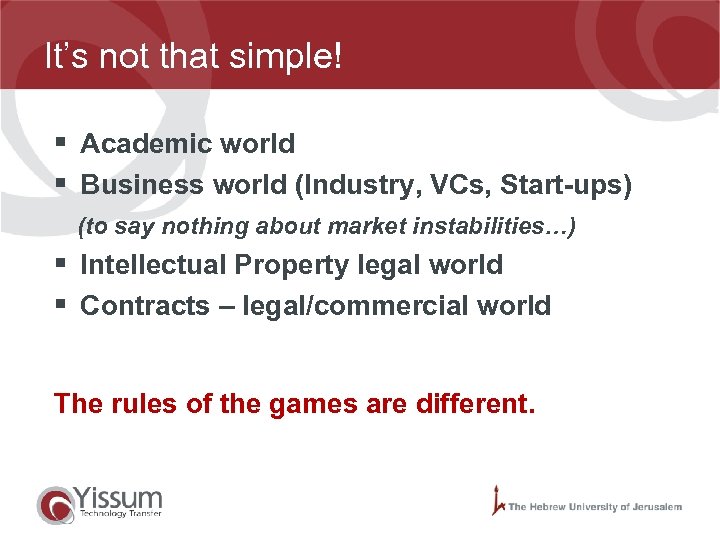 It’s not that simple! § Academic world § Business world (Industry, VCs, Start-ups) (to