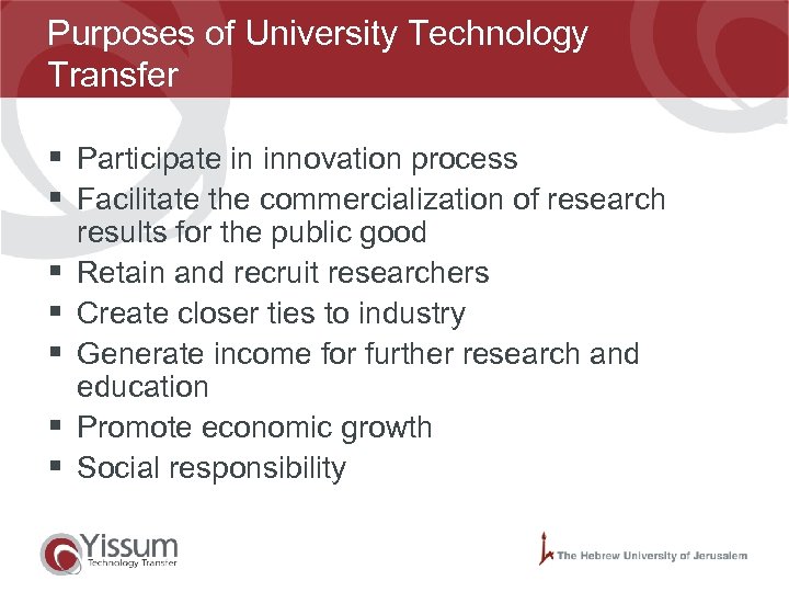 Purposes of University Technology Transfer § Participate in innovation process § Facilitate the commercialization