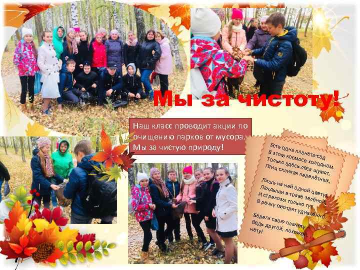 Мы за чистоту! Наш класс проводит акции по очищению парков от мусора. Мы за