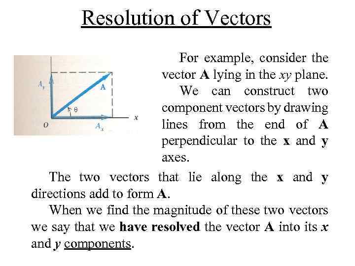 Resolution of Vectors For example, consider the vector A lying in the xy plane.
