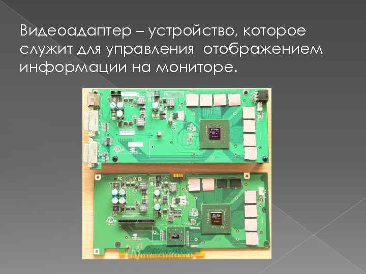 Видеоадаптер – устройство, которое служит для управления отображением информации на мониторе. 