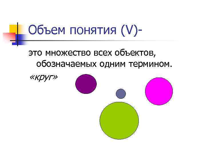 Объем понятия (V)это множество всех объектов, обозначаемых одним термином. «круг» 