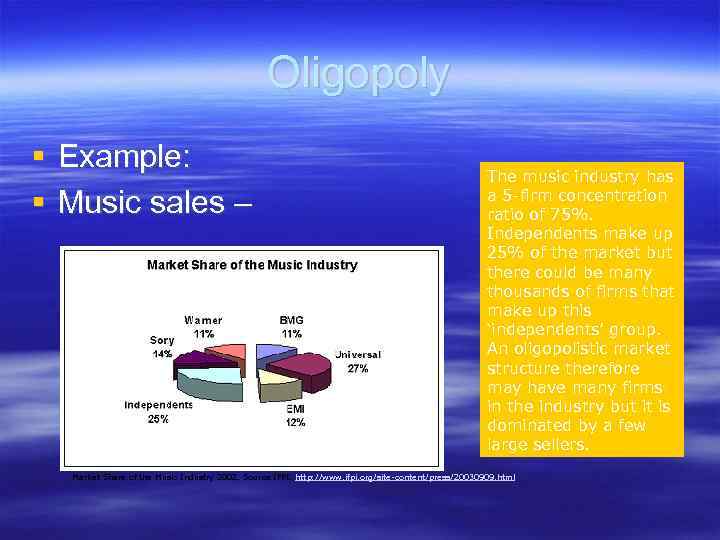 Oligopoly Example: Music sales – The music industry has a 5 -firm concentration ratio