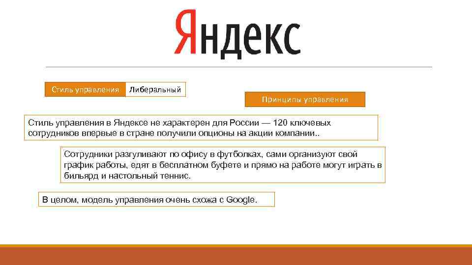 Стиль управления Либеральный Принципы управления Стиль управления в Яндексе не характерен для России —