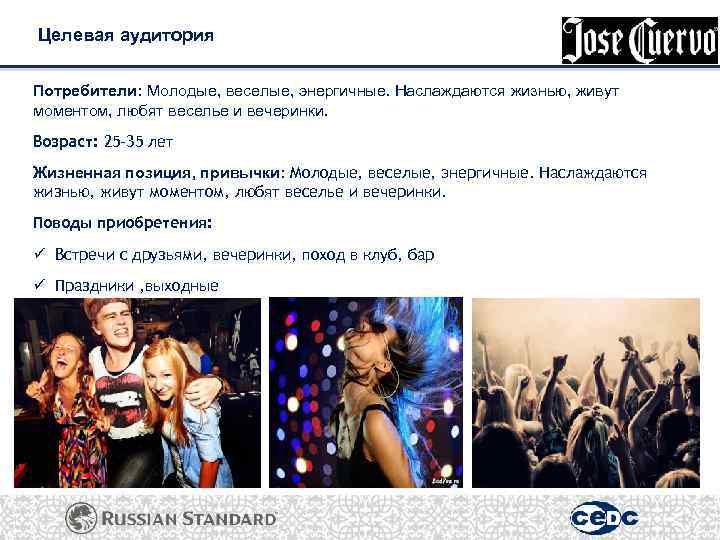 Целевая аудитория Потребители: Молодые, веселые, энергичные. Наслаждаются жизнью, живут моментом, любят веселье и вечеринки.