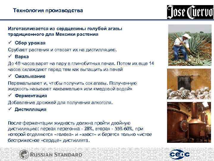 Технология производства Изготавливается из сердцевины голубой агавы традиционного для Мексики растения ü Сбор урожая