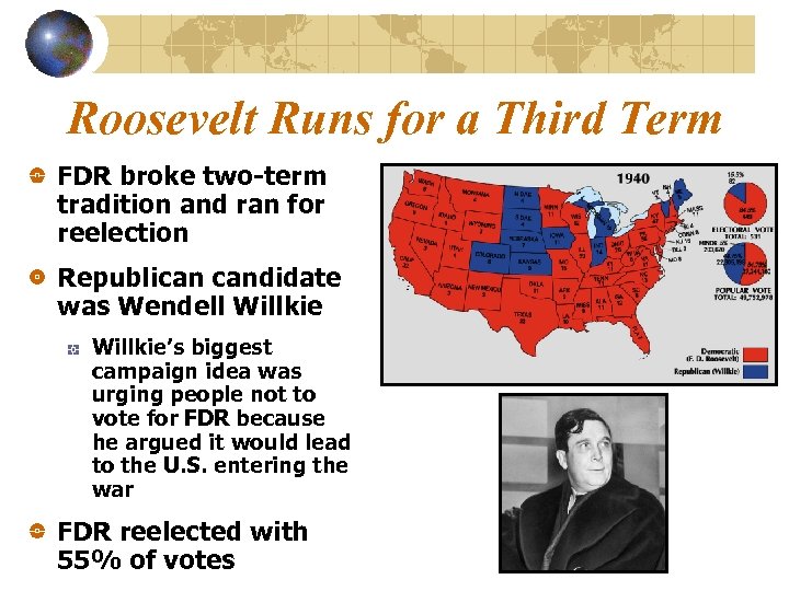 Roosevelt Runs for a Third Term FDR broke two-term tradition and ran for reelection