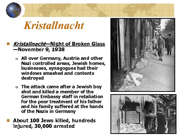 Kristallnacht—Night of Broken Glass —November 9, 1938 All over Germany, Austria and other Nazi