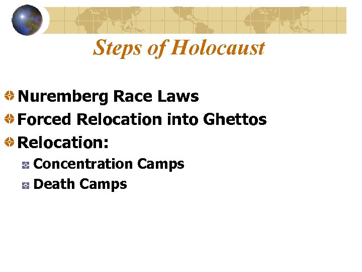 Steps of Holocaust Nuremberg Race Laws Forced Relocation into Ghettos Relocation: Concentration Camps Death
