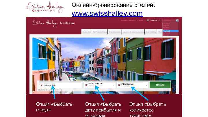 Онлайн-бронирование отелей. www. swisshalley. com Опция «Выбрать город» Опция «Выбрать дату прибытия и отъезда»