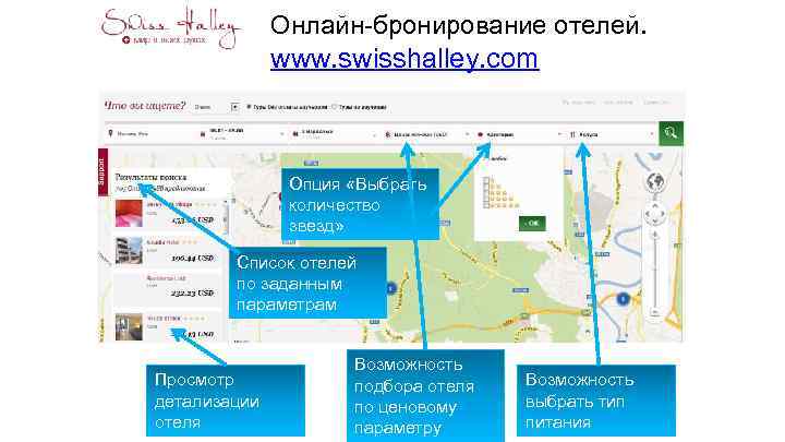 Онлайн-бронирование отелей. www. swisshalley. com Опция «Выбрать количество звезд» Список отелей по заданным параметрам