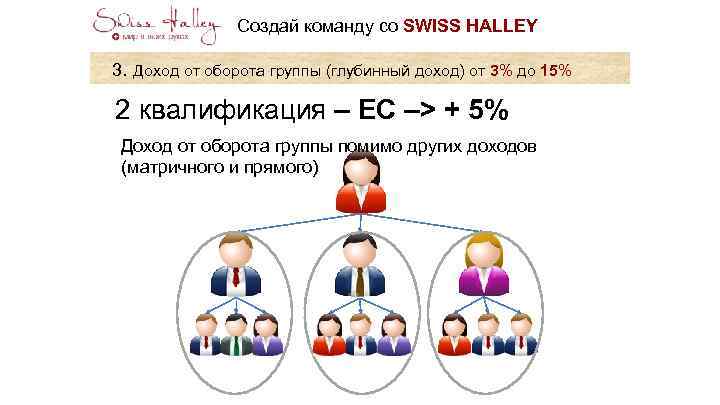 Создай команду со SWISS HALLEY 3. Доход от оборота группы (глубинный доход) от 3%