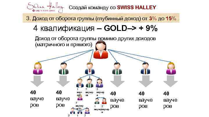 Создай команду со SWISS HALLEY 3. Доход от оборота группы (глубинный доход) от 3%