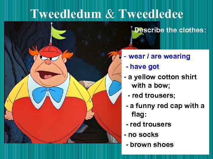 Tweedledum & Tweedledee Describe the clothes: - wear / are wearing - have got