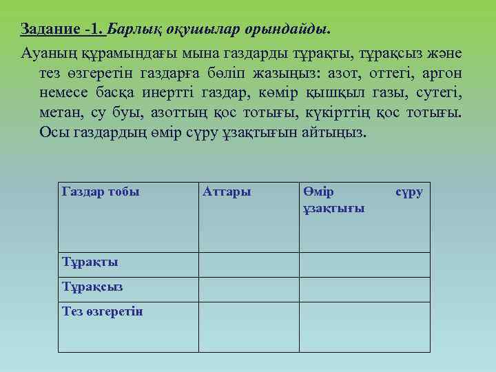 Задание -1. Барлық оқушылар орындайды. Ауаның құрамындағы мына газдарды тұрақты, тұрақсыз және тез өзгеретін