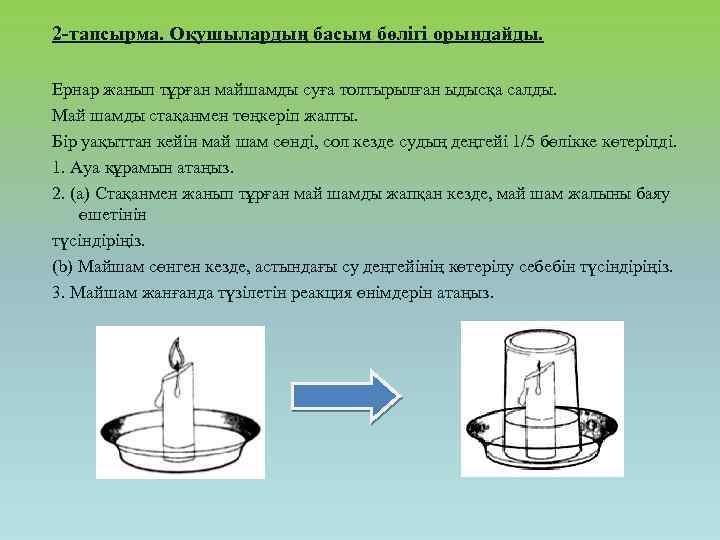 2 -тапсырма. Оқушылардың басым бөлігі орындайды. Ернар жанып тұрған майшамды суға толтырылған ыдысқа салды.