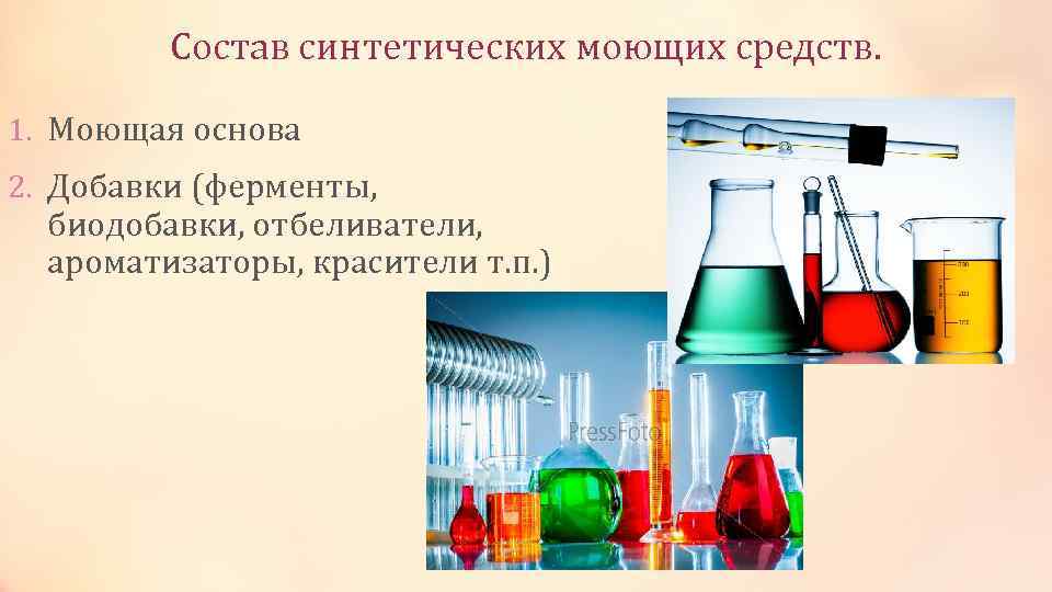 Состав синтетических моющих средств. 1. Моющая основа 2. Добавки (ферменты, биодобавки, отбеливатели, ароматизаторы, красители