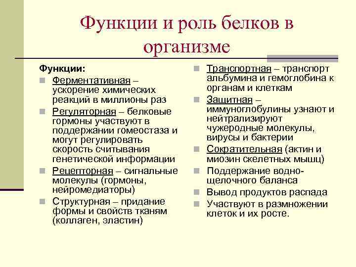 Функции и роль белков в организме Функции: n Ферментативная – ускорение химических реакций в