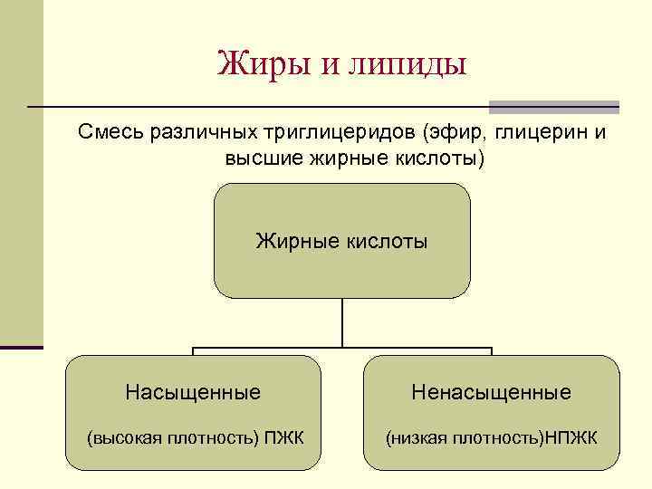 Жиры и липиды Смесь различных триглицеридов (эфир, глицерин и высшие жирные кислоты) Жирные кислоты