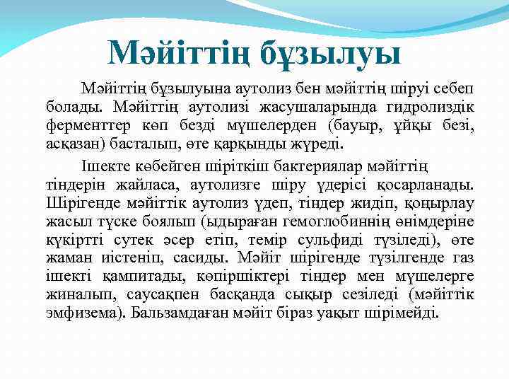 Мәйіттің бұзылуына аутолиз бен мәйіттің шіруі себеп болады. Мәйіттің аутолизі жасушаларында гидролиздік ферменттер көп