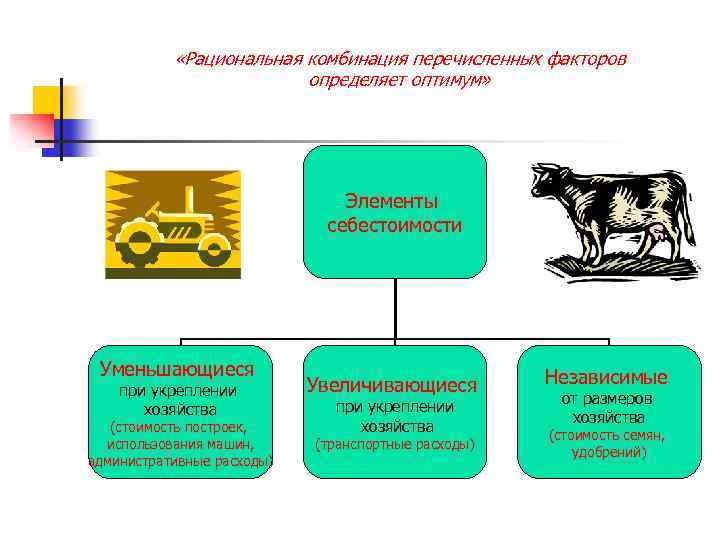  «Рациональная комбинация перечисленных факторов определяет оптимум» Элементы себестоимости Уменьшающиеся при укреплении хозяйства (стоимость